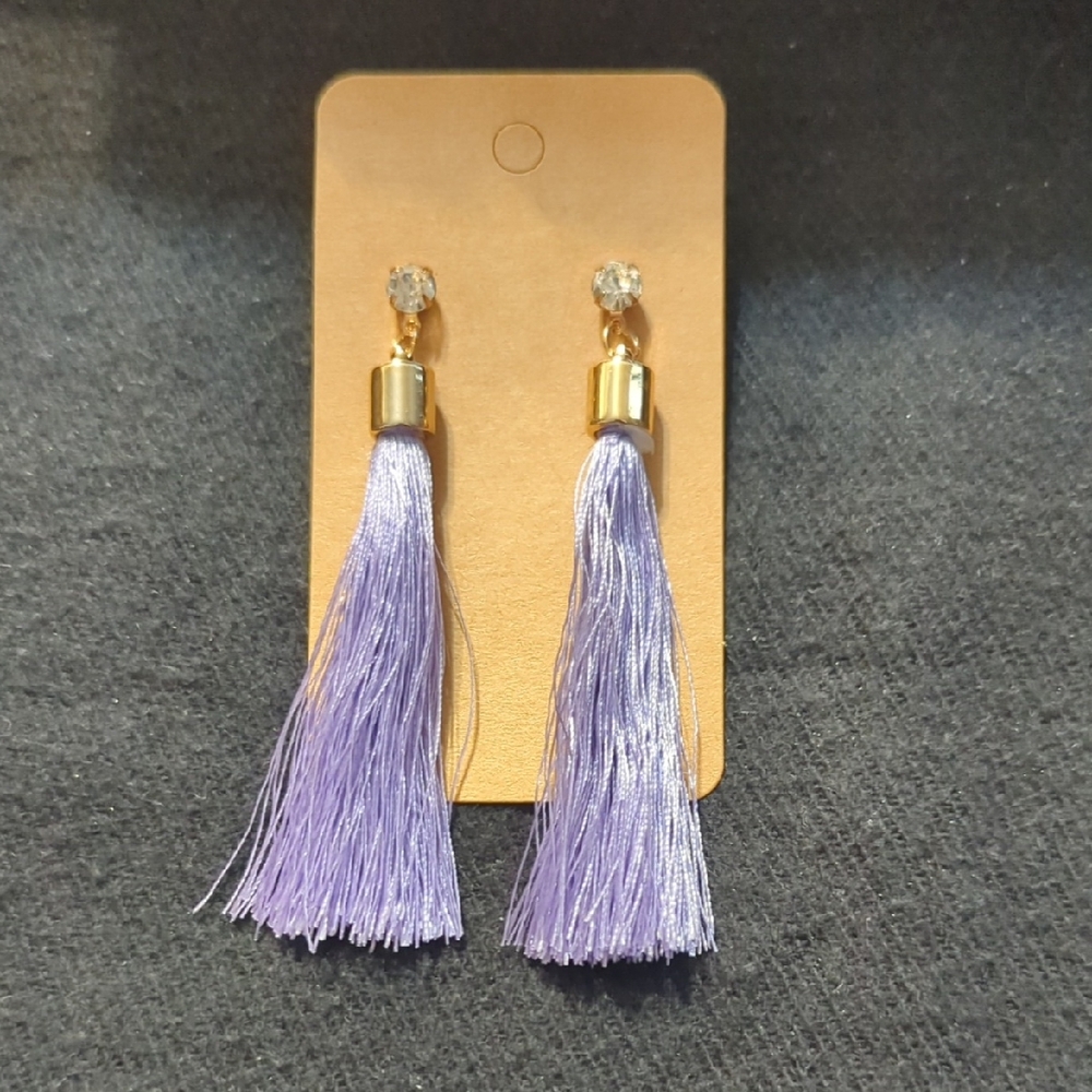 Gold Tone Clear Rhinestone Purple Silk Tassel Dangle Statement Earrings
